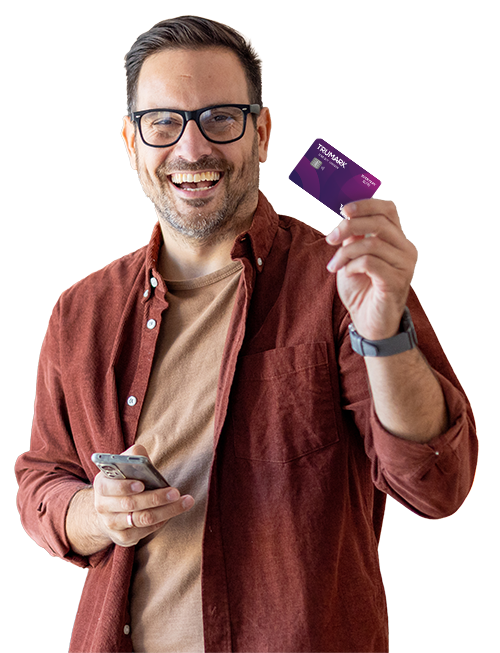 Happy guy holding a credit card
